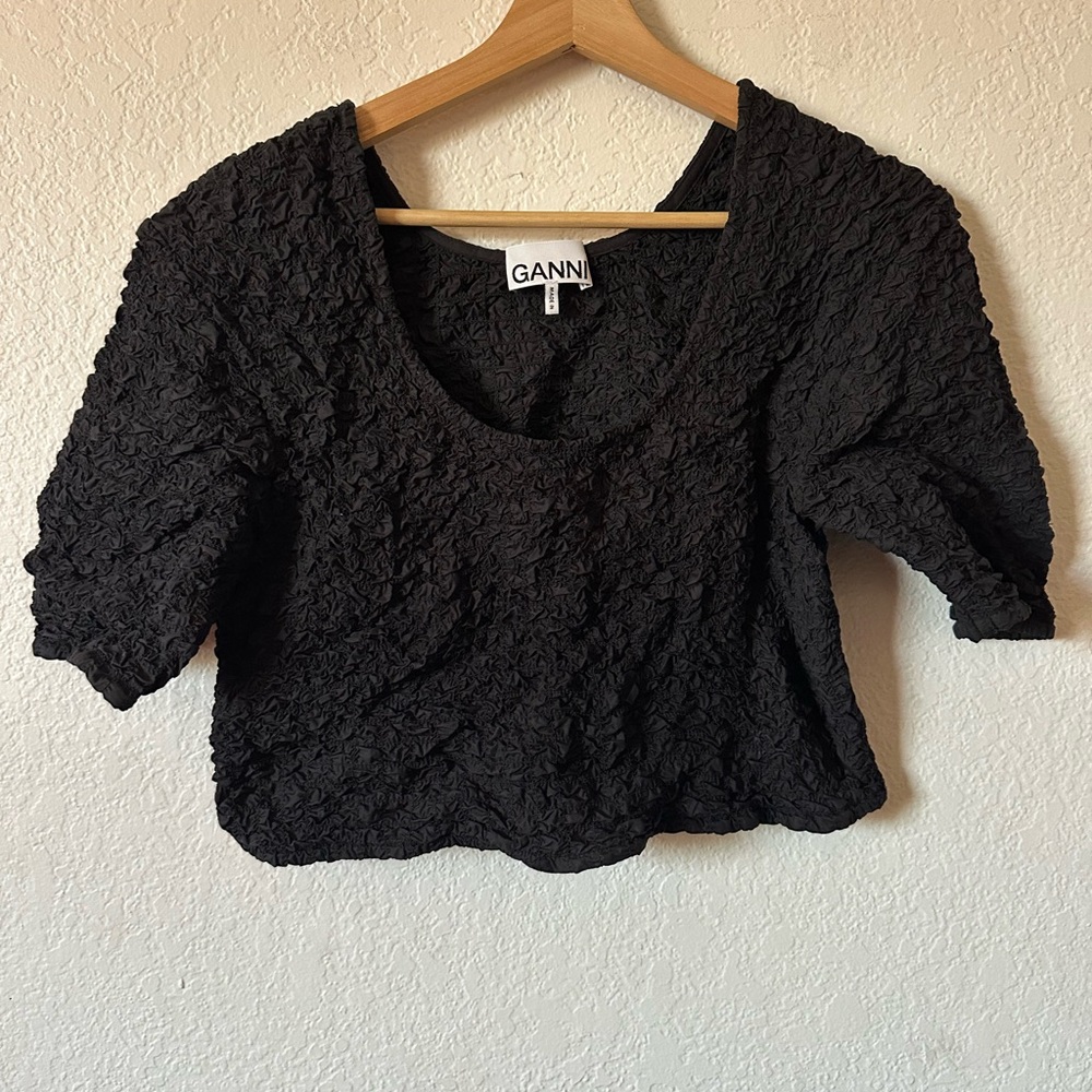 Ganni Cotton Poplin O Neck Smocked Cropped Tee in Black - Size 44 XL - Picture 3 of 10